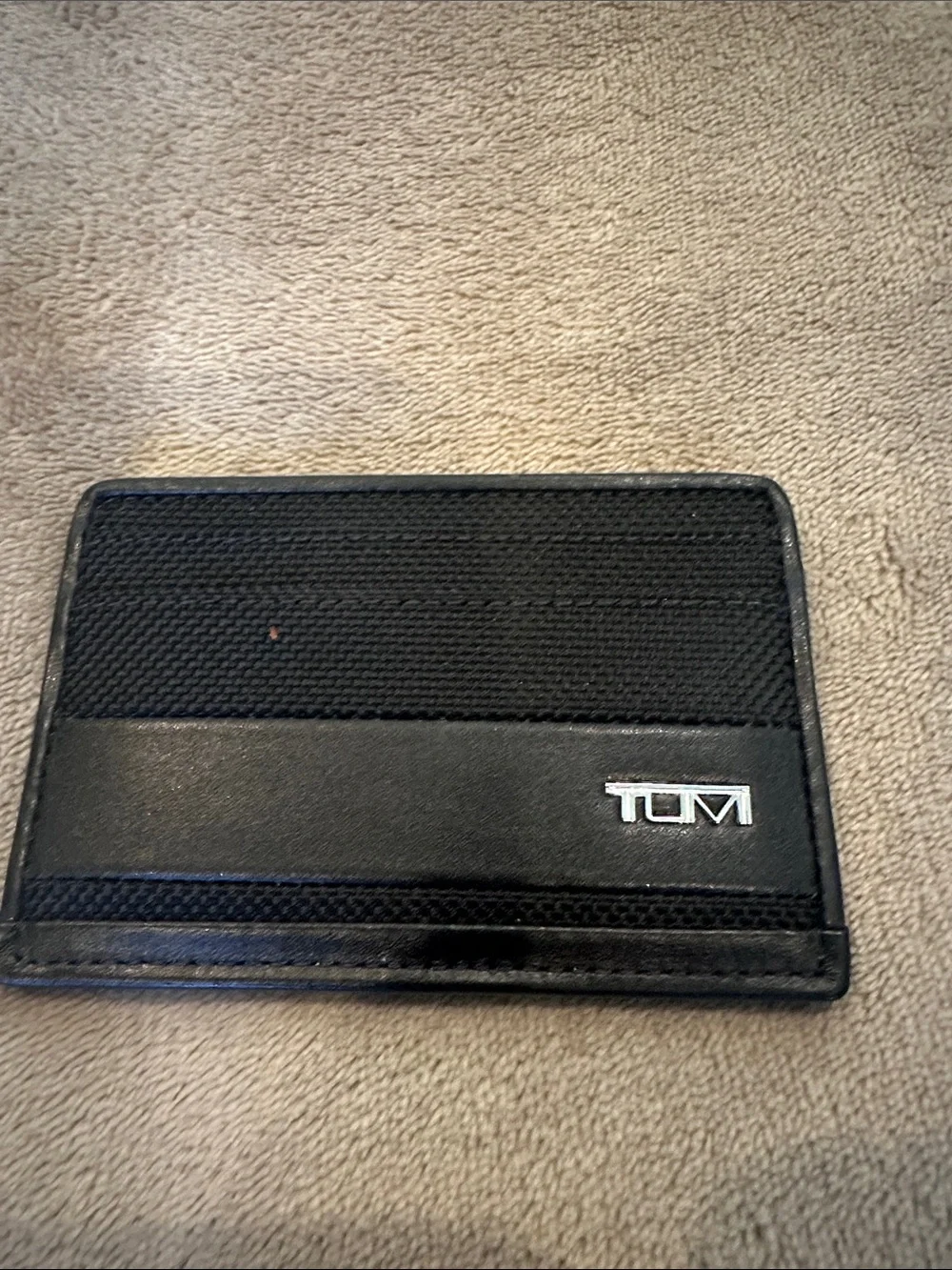 Tumi Black Leather & Fabric Card Holder with Silver Logo
